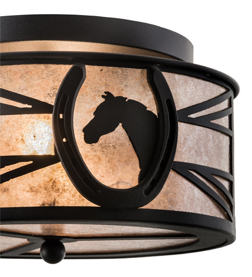 Meyda Lighting Horseshoe 15" 2-Light Textured Black Flush Mount Light With Silver Mica Shade Glass