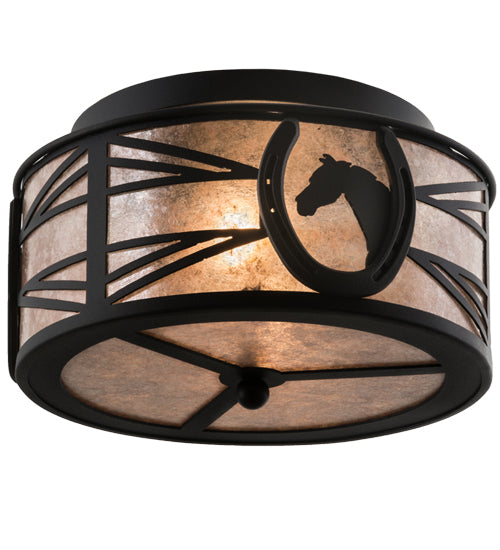 Meyda Lighting Horseshoe 15" 2-Light Textured Black Flush Mount Light With Silver Mica Shade Glass