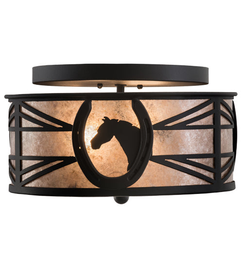 Meyda Lighting Horseshoe 15" 2-Light Textured Black Flush Mount Light With Silver Mica Shade Glass