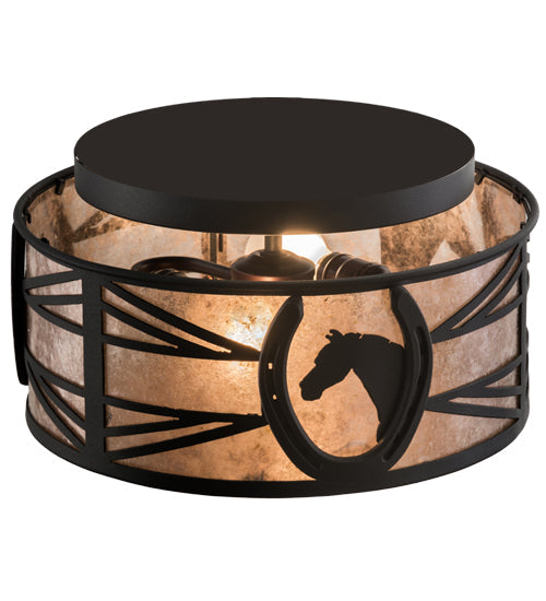 Meyda Lighting Horseshoe 15" 2-Light Textured Black Flush Mount Light With Silver Mica Shade Glass
