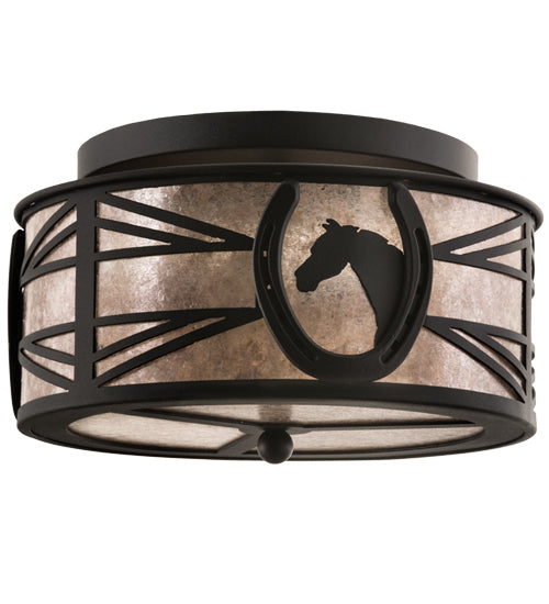 Meyda Lighting Horseshoe 15" 2-Light Textured Black Flush Mount Light With Silver Mica Shade Glass