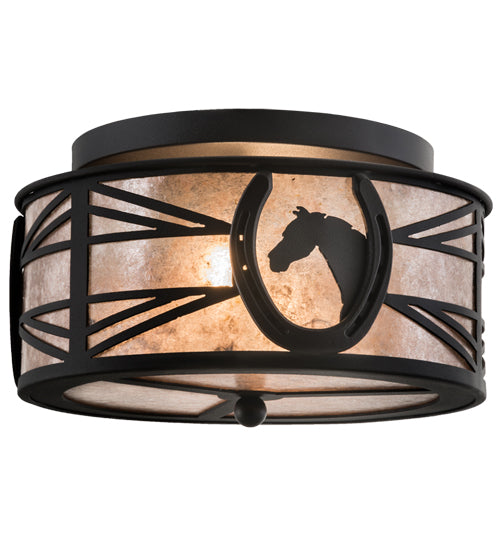 Meyda Lighting Horseshoe 15" 2-Light Textured Black Flush Mount Light With Silver Mica Shade Glass