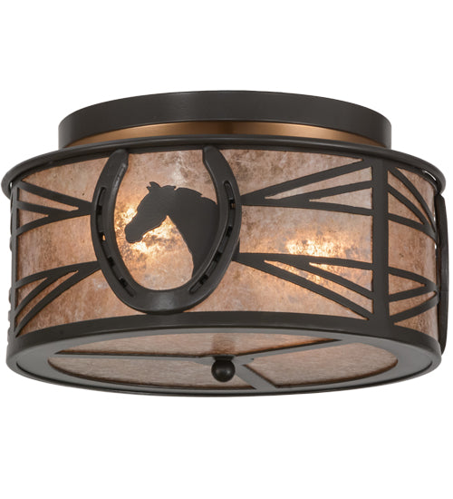 Meyda Lighting Horseshoe 15" 2-Light Timeless Bronze Flush Mount Light With Silver Mica Shade Glass