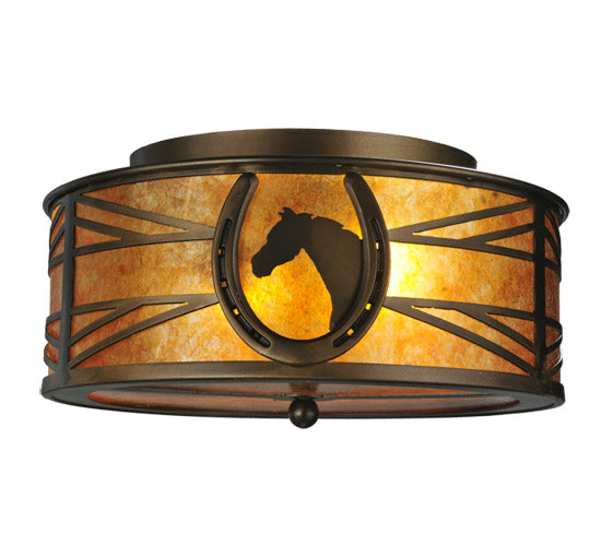 Meyda Lighting Horseshoe 16" 2-Light Antique Copper Flush Mount Light With Amber Mica Shade Glass