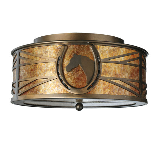 Meyda Lighting Horseshoe 16" 2-Light Antique Copper Flush Mount Light With Amber Mica Shade Glass