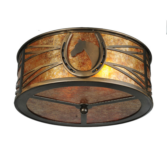 Meyda Lighting Horseshoe 16" 2-Light Antique Copper Flush Mount Light With Amber Mica Shade Glass