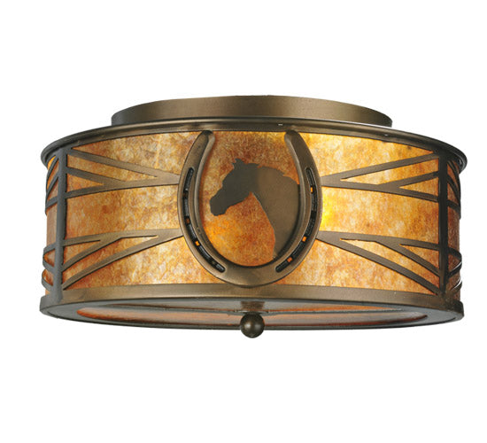 Meyda Lighting Horseshoe 16" 2-Light Antique Copper Flush Mount Light With Amber Mica Shade Glass