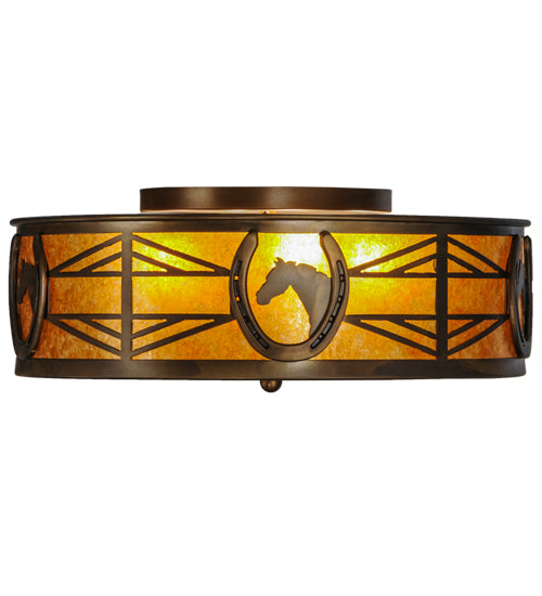 Meyda Lighting Horseshoe 22" 4-Light Antique Copper Flush Mount Light With Amber Mica Shade Glass