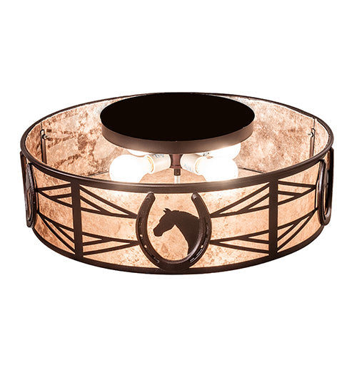 Meyda Lighting Horseshoe 23" 4-Light Mahogany Bronze Flush Mount Light With Silver Mica Shade Glass