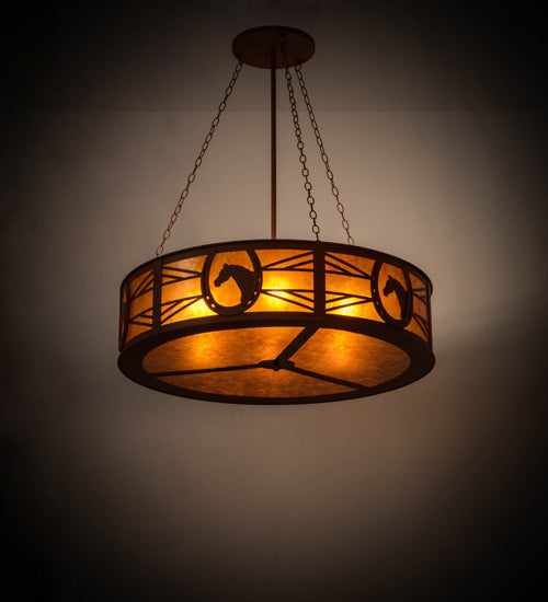 Meyda Lighting Horseshoe 42" 6-Light Rust Inverted Pendant Light With Amber Mica Shade Glass