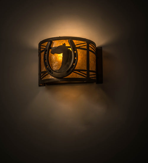 Meyda Lighting Horseshoe 8" Antique Copper Wall Sconce With Amber Mica Shade Glass