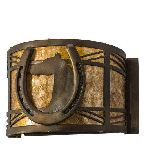 Meyda Lighting Horseshoe 8" Antique Copper Wall Sconce With Amber Mica Shade Glass
