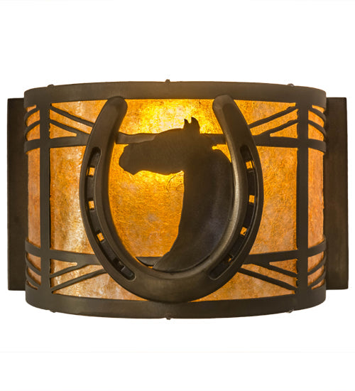 Meyda Lighting Horseshoe 8" Antique Copper Wall Sconce With Amber Mica Shade Glass