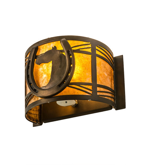 Meyda Lighting Horseshoe 8" Antique Copper Wall Sconce With Amber Mica Shade Glass