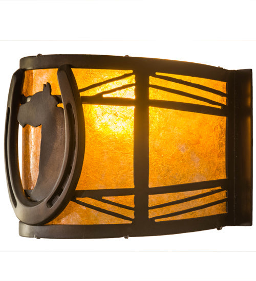 Meyda Lighting Horseshoe 8" Antique Copper Wall Sconce With Amber Mica Shade Glass