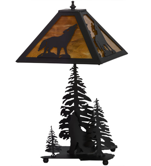 Meyda Lighting Howling Wolf 21" 2-Light Oil Rubbed Bronze Table Lamp With Honey Art Shade Glass and Lighted Base