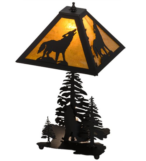 Meyda Lighting Howling Wolf 21" 2-Light Oil Rubbed Bronze Table Lamp With Honey Art Shade Glass and Lighted Base
