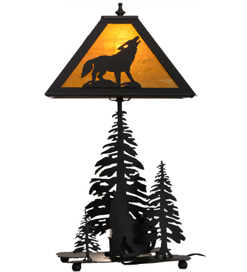 Meyda Lighting Howling Wolf 21" 2-Light Oil Rubbed Bronze Table Lamp With Honey Art Shade Glass and Lighted Base