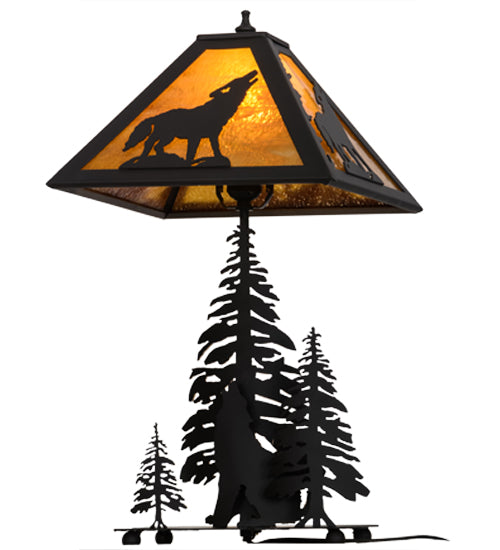 Meyda Lighting Howling Wolf 21" 2-Light Oil Rubbed Bronze Table Lamp With Honey Art Shade Glass and Lighted Base
