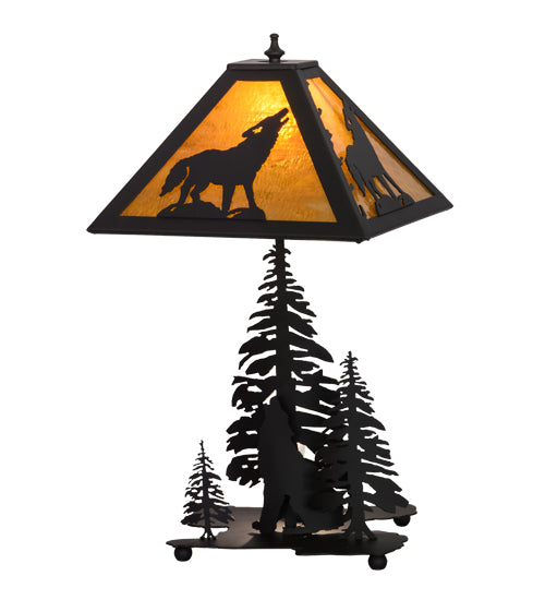 Meyda Lighting Howling Wolf 21" 2-Light Oil Rubbed Bronze Table Lamp With Honey Art Shade Glass and Lighted Base