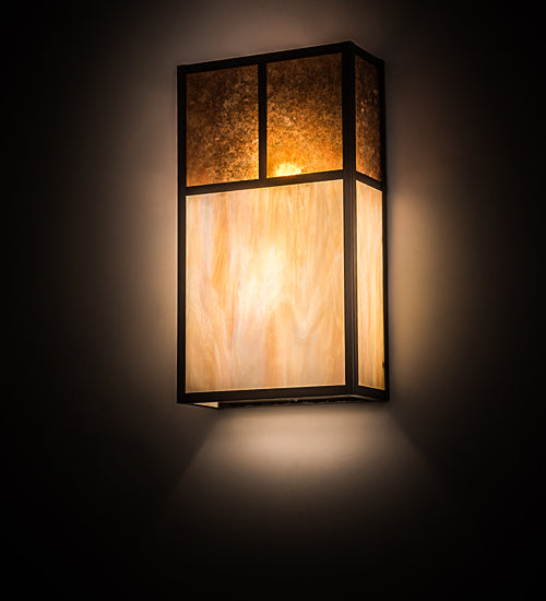 Meyda Lighting Hyde Park 10" 2-Light Craftsman Brown "T" Mission Wall Sconce With Beige Iridescent And Amber Mica Shade Glass