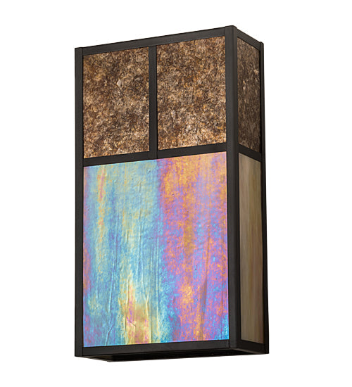 Meyda Lighting Hyde Park 10" 2-Light Craftsman Brown "T" Mission Wall Sconce With Beige Iridescent And Amber Mica Shade Glass