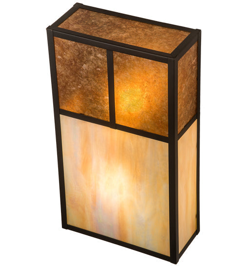 Meyda Lighting Hyde Park 10" 2-Light Craftsman Brown "T" Mission Wall Sconce With Beige Iridescent And Amber Mica Shade Glass
