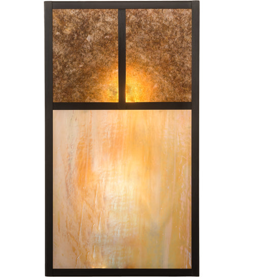 Meyda Lighting Hyde Park 10" 2-Light Craftsman Brown "T" Mission Wall Sconce With Beige Iridescent And Amber Mica Shade Glass