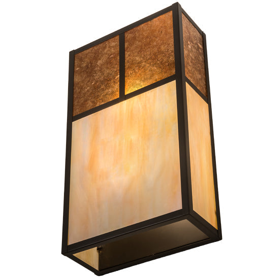 Meyda Lighting Hyde Park 10" 2-Light Craftsman Brown "T" Mission Wall Sconce With Beige Iridescent And Amber Mica Shade Glass