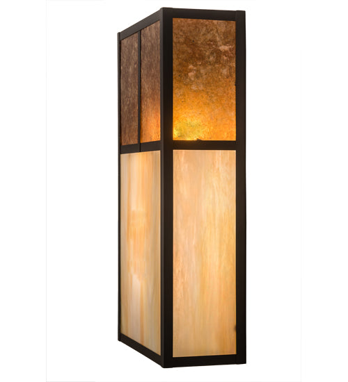 Meyda Lighting Hyde Park 10" 2-Light Craftsman Brown "T" Mission Wall Sconce With Beige Iridescent And Amber Mica Shade Glass