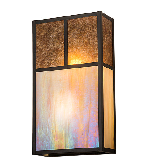 Meyda Lighting Hyde Park 10" 2-Light Craftsman Brown "T" Mission Wall Sconce With Beige Iridescent And Amber Mica Shade Glass