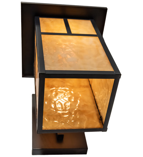 Meyda Lighting Hyde Park 10" Craftsman Brown Curved Arm Wall Sconce With Beige Art Shade Glass
