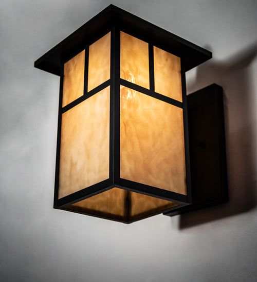 Meyda Lighting Hyde Park 10" Craftsman Brown Curved Arm Wall Sconce With Beige Art Shade Glass