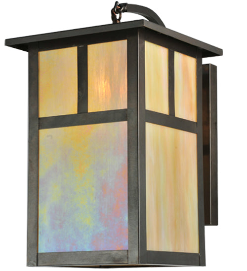 Meyda Lighting Hyde Park 10" Craftsman Brown T Mission Curved Arm Wall Sconce With Beige Iridescent Shade Glass