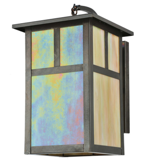 Meyda Lighting Hyde Park 10" Craftsman Brown T Mission Curved Arm Wall Sconce With Beige Iridescent Shade Glass