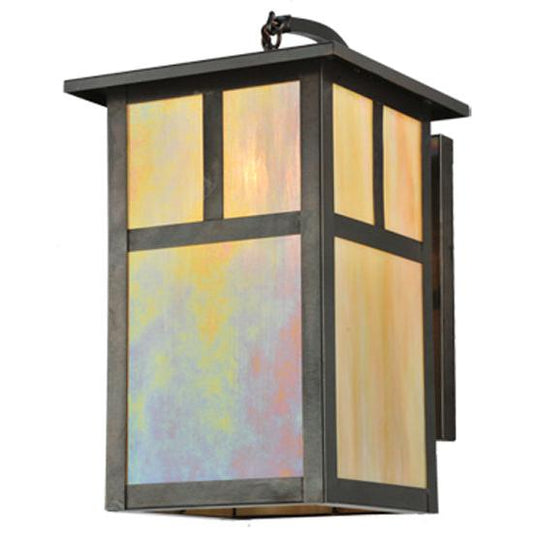 Meyda Lighting Hyde Park 10" Craftsman Brown T Mission Curved Arm Wall Sconce With Beige Iridescent Shade Glass