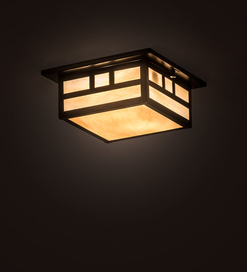 Meyda Lighting Hyde Park 10"Sq 2-Light Craftsman Brown Double Bar Mission Flush Mount Light With Beige Iridescent Shade Glass