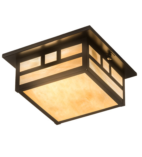 Meyda Lighting Hyde Park 10"Sq 2-Light Craftsman Brown Double Bar Mission Flush Mount Light With Beige Iridescent Shade Glass