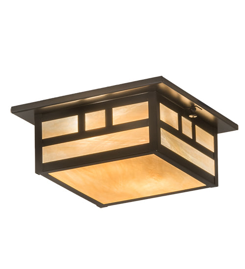 Meyda Lighting Hyde Park 10"Sq 2-Light Craftsman Brown Double Bar Mission Flush Mount Light With Beige Iridescent Shade Glass