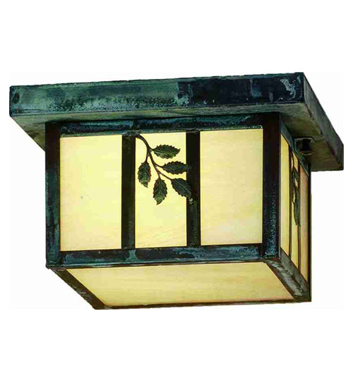 Meyda Lighting Hyde Park 10"Sq Craftsman Verdigris Sprig Flush Mount Light With Beige Iridescent Shade Glass