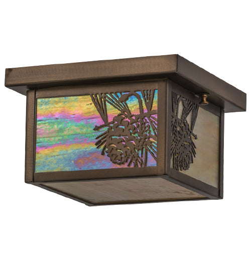 Meyda Lighting Hyde Park 12" Antique Copper Flush Mount Light With Beige Iridescent Art Shade Glass