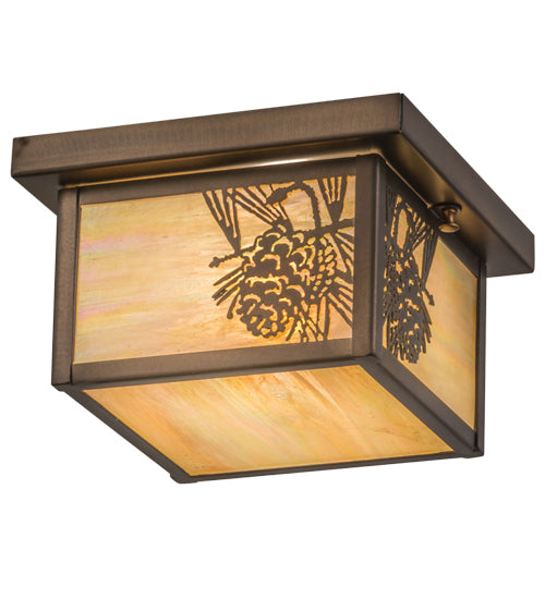 Meyda Lighting Hyde Park 12" Antique Copper Flush Mount Light With Beige Iridescent Art Shade Glass