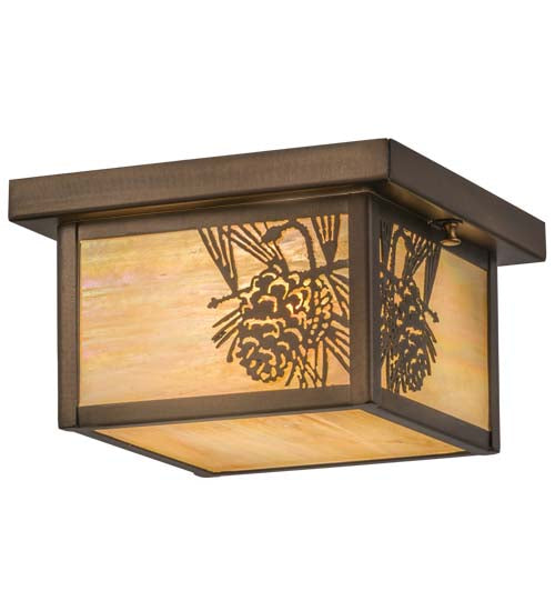 Meyda Lighting Hyde Park 12" Antique Copper Flush Mount Light With Beige Iridescent Art Shade Glass