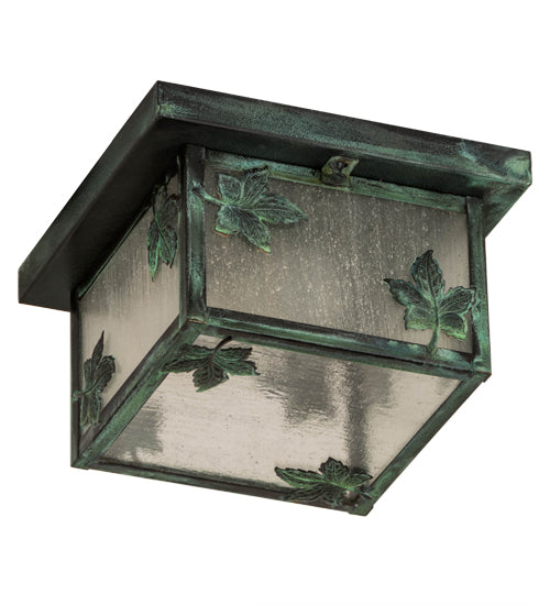 Meyda Lighting Hyde Park 12" Verdigris Maple Leaf Flush Mount Light With Clear Seeded Shade Glass