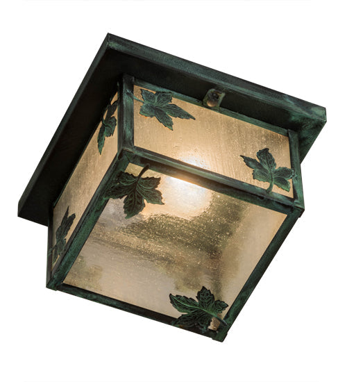 Meyda Lighting Hyde Park 12" Verdigris Maple Leaf Flush Mount Light With Clear Seeded Shade Glass