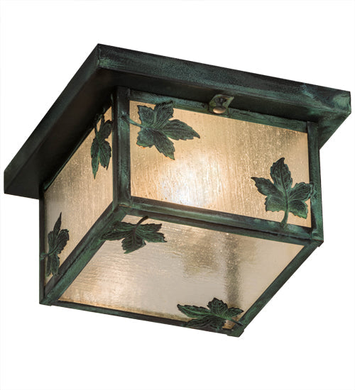 Meyda Lighting Hyde Park 12" Verdigris Maple Leaf Flush Mount Light With Clear Seeded Shade Glass