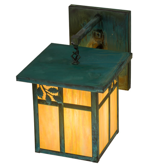 Meyda Lighting Hyde Park 12" Verdigris Sprig Hanging Wall Sconce With Beige Iridescent Shade Glass