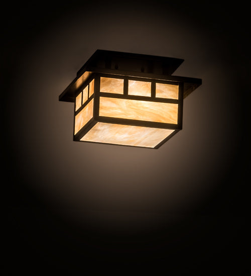 Meyda Lighting Hyde Park 12"Sq 2-Light Craftsman Brown Double Bar Mission Flush Mount Light With Beige Iridescent Shade Glass