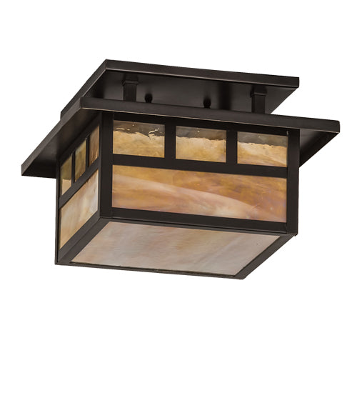 Meyda Lighting Hyde Park 12"Sq 2-Light Craftsman Brown Double Bar Mission Flush Mount Light With Beige Iridescent Shade Glass
