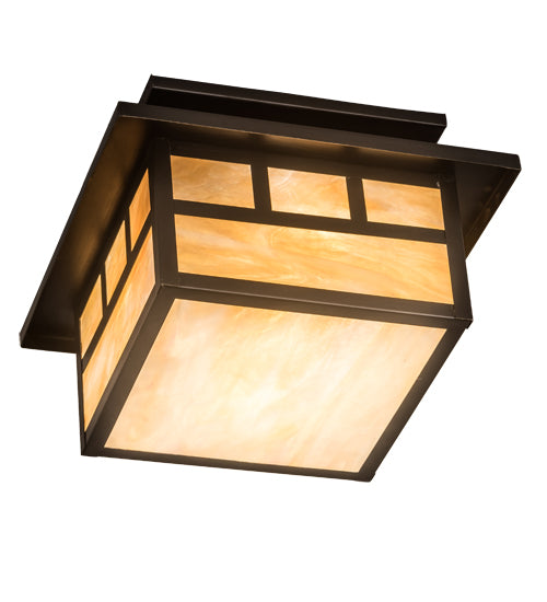 Meyda Lighting Hyde Park 12"Sq 2-Light Craftsman Brown Double Bar Mission Flush Mount Light With Beige Iridescent Shade Glass